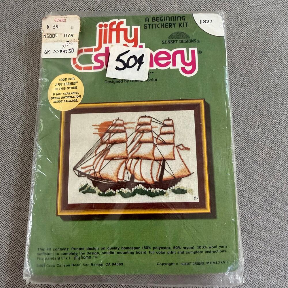 Vintage Jiffy Stitchery #827 Sailing Ship Needlepoint Kit Sunset Designs NOS